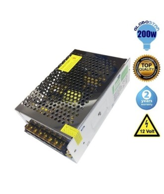 GloboStar® 68730 Μεταλλικό Τροφοδοτικό PELV για Προϊόντα LED 200W 16.5A - AC 220-240V σε DC 12V - IP20 L16 x W10 x H5cm - 2 Χρόνια Εγγύηση